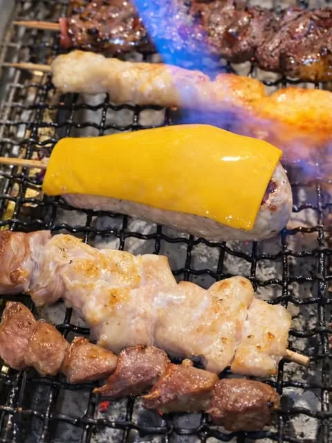 다양한 일본식 고기 꼬치 5개