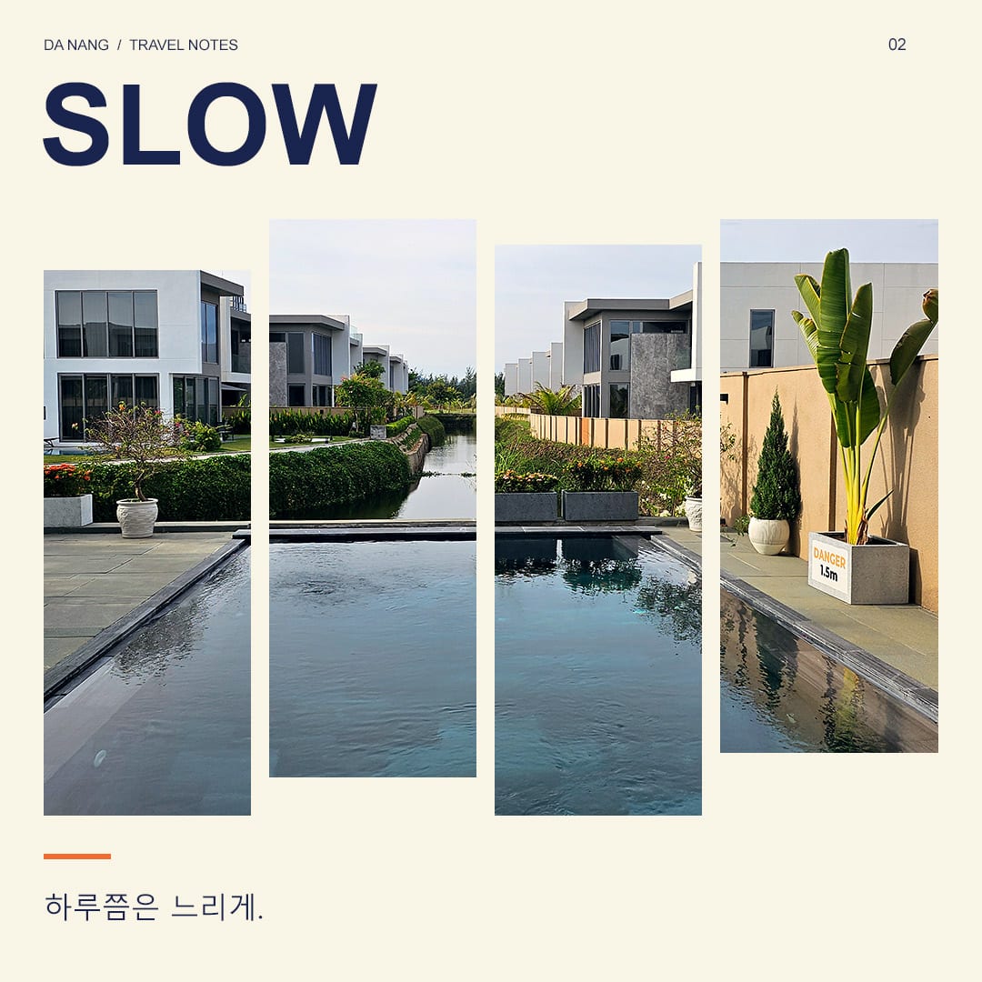 빌라 건물과 수로 앞에 놓인 야외 수영장