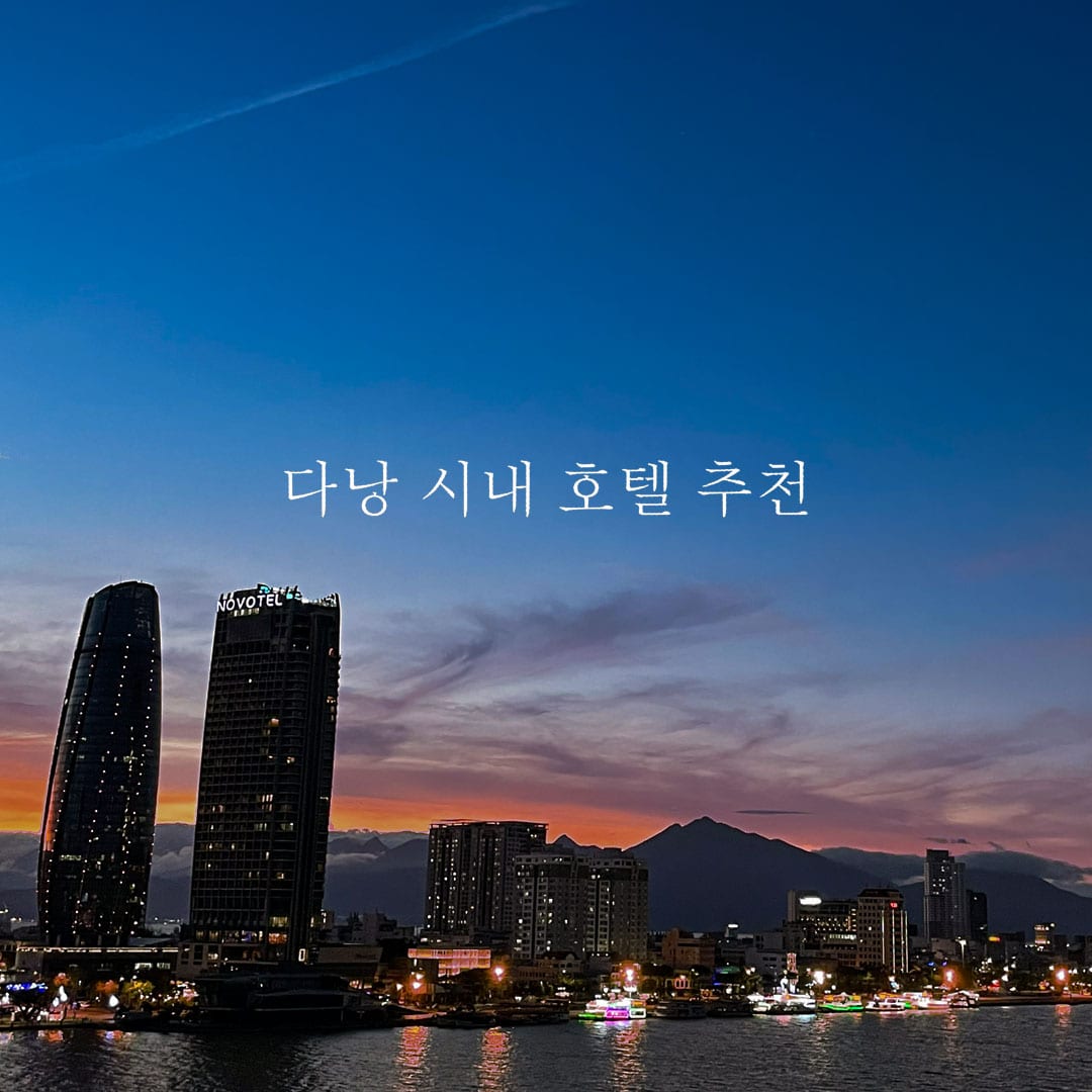 다낭 한강에서 바라본 다낭 시내의 모습. 다낭 시청과 노보텔이 가장 크게 보이고 해가 지는 저녁의 모습이다.
